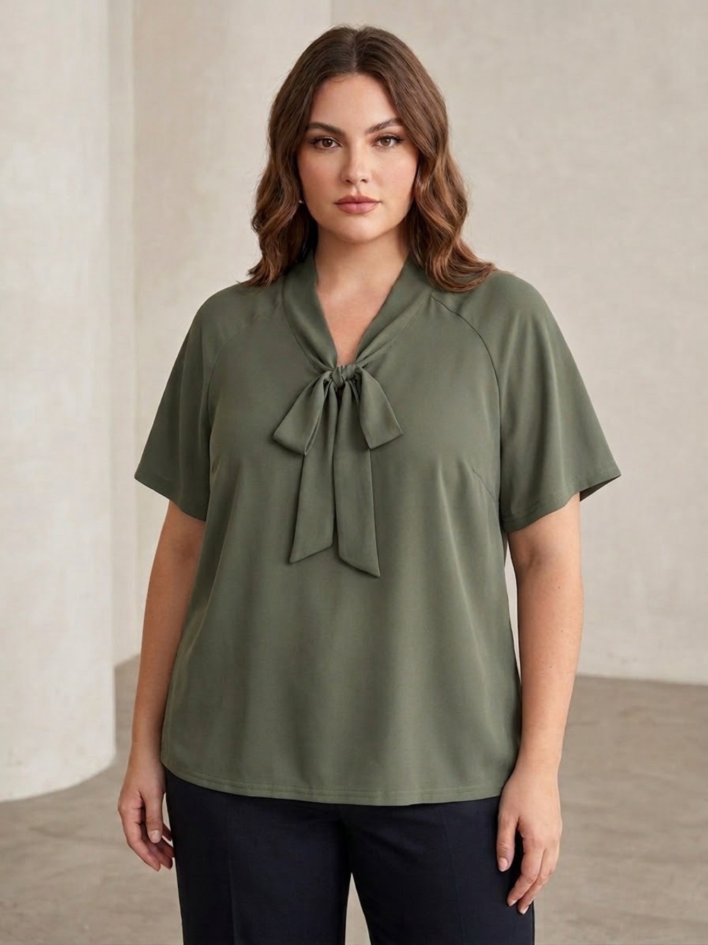 NWT Pleione Olive 🫒 green Tie-Neck Short Sleeve Blouse plus size 3x